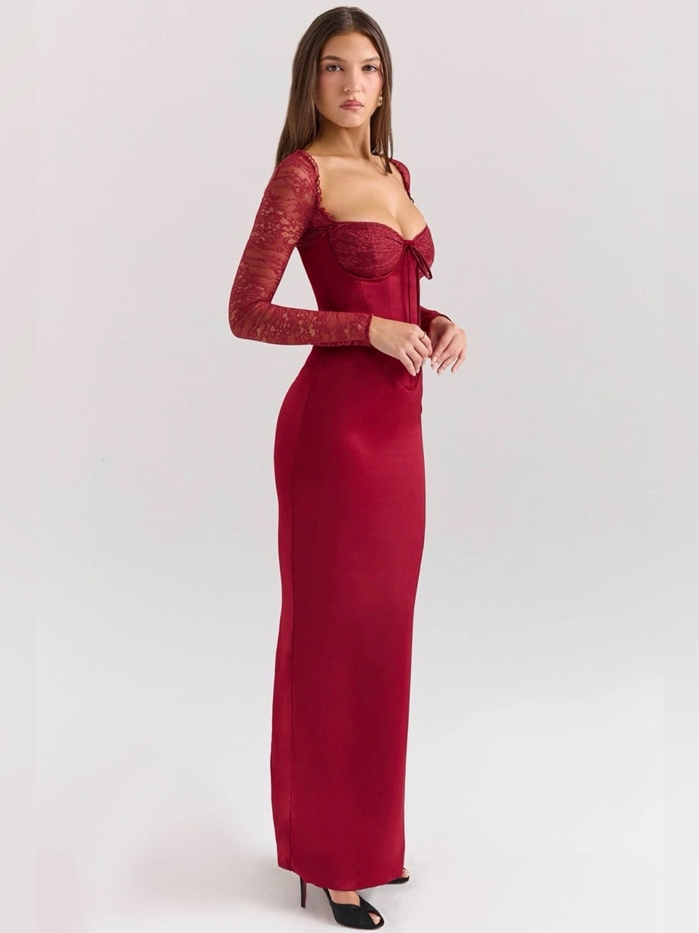 House of CB Burgundy Lace-Sleeve Bustier Maxi Dress